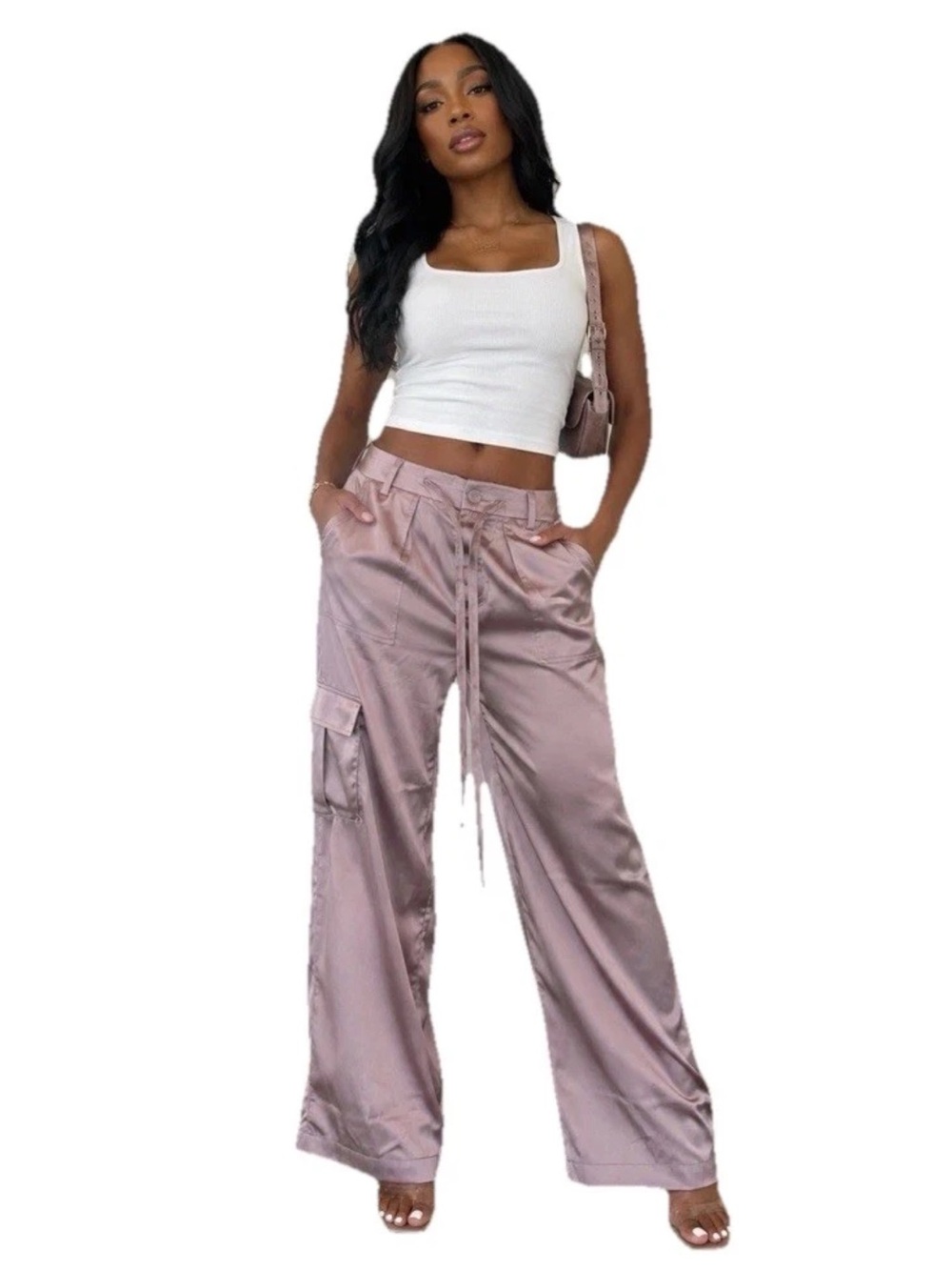 Aureum Satin Cargo Pants Mauve Dusty Pink Drawstring Sz XS Elegant Loungewear